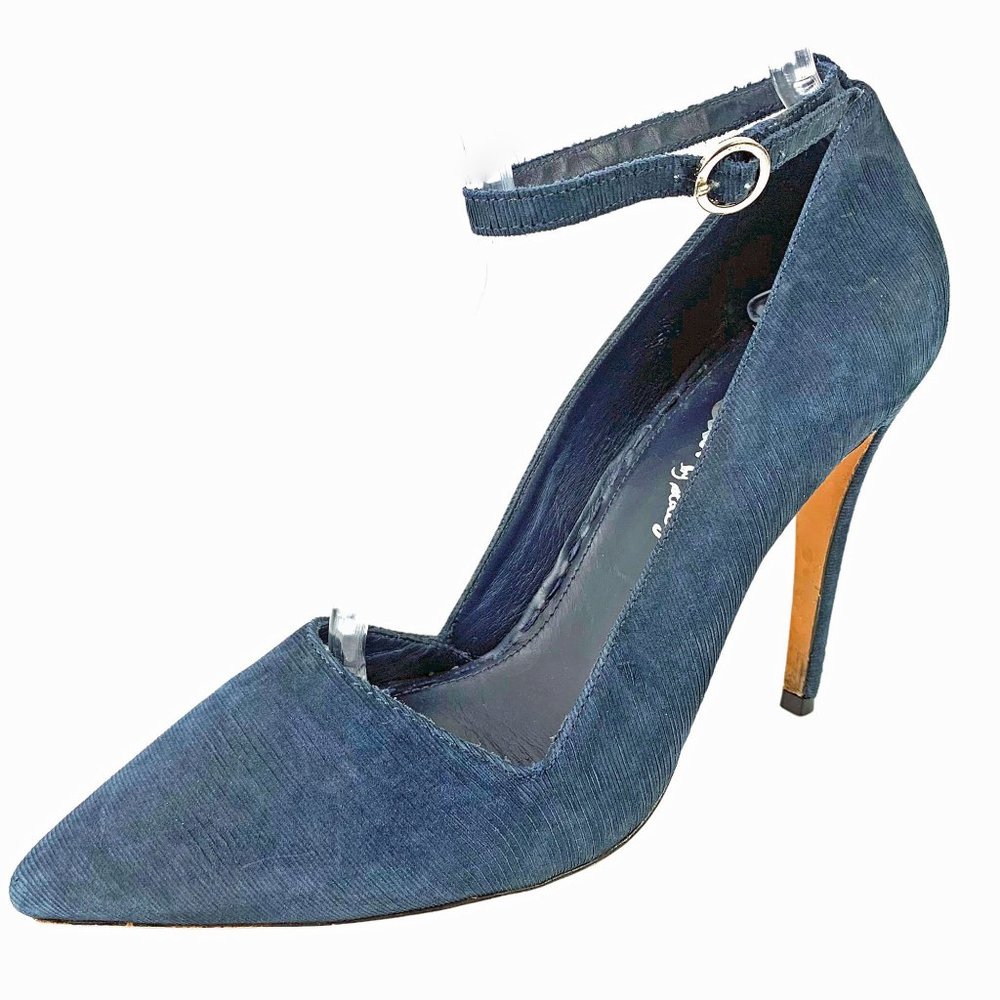 ALICE + OLIVIA Makayla Navy Blue Kid Suede Ankle Strap Stilettos